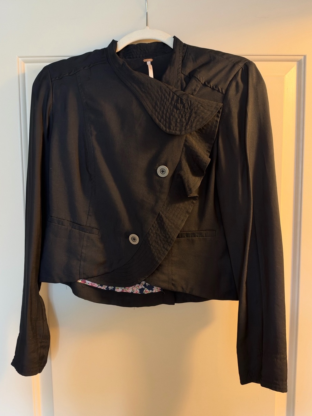Free People Black Ruffled Front Blazer